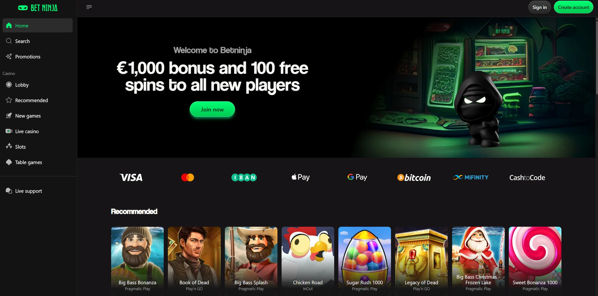 BetNinja casino frontpage showing welcome offer, recommended online pokies and site navigation