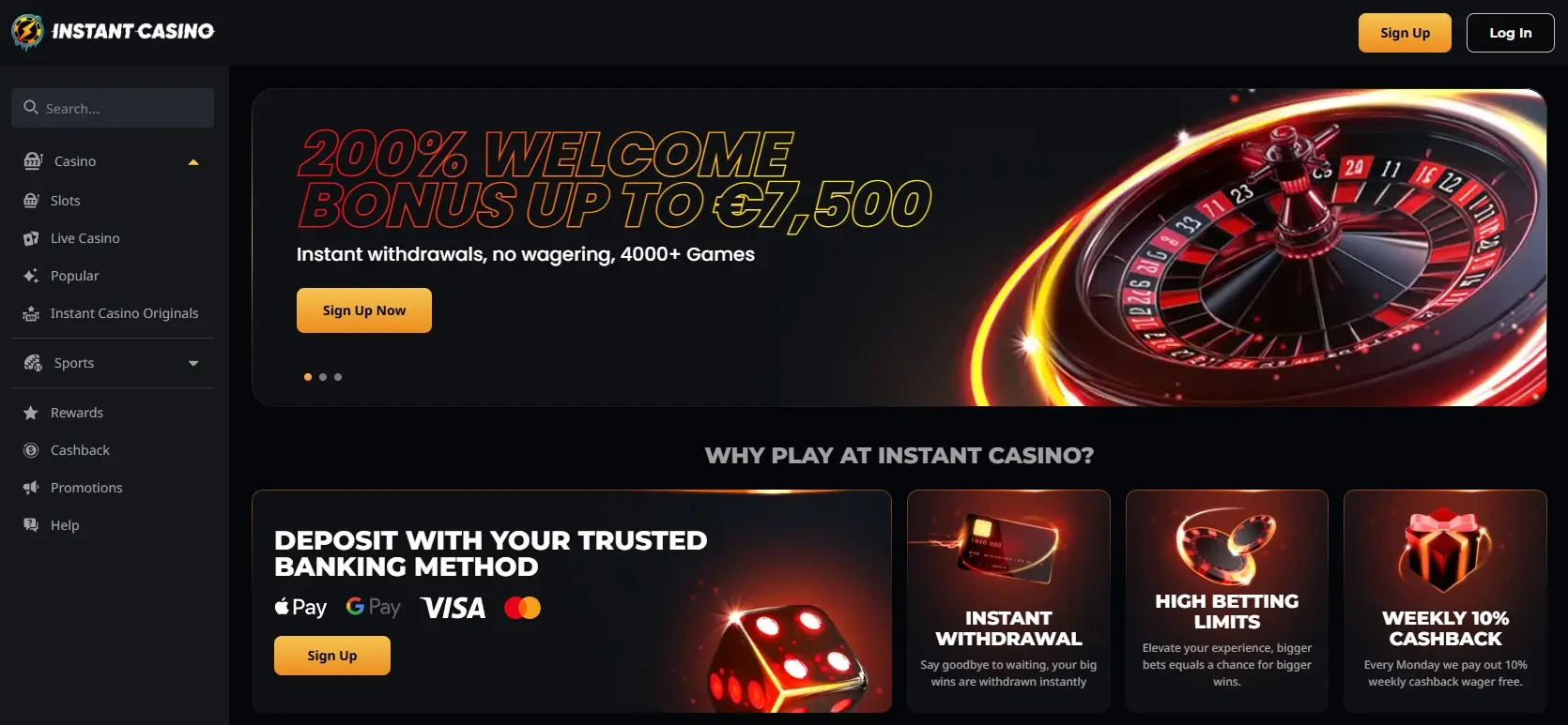 Instant Casino frontpage showing welcome bonus offer and site main navigation